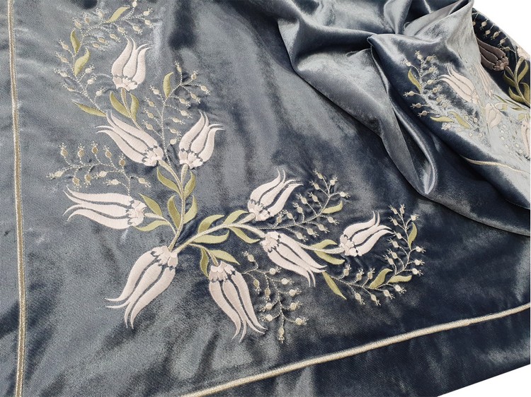 GRİ/MAVİ KADİFE LALE DESEN BOHÇA SETİ