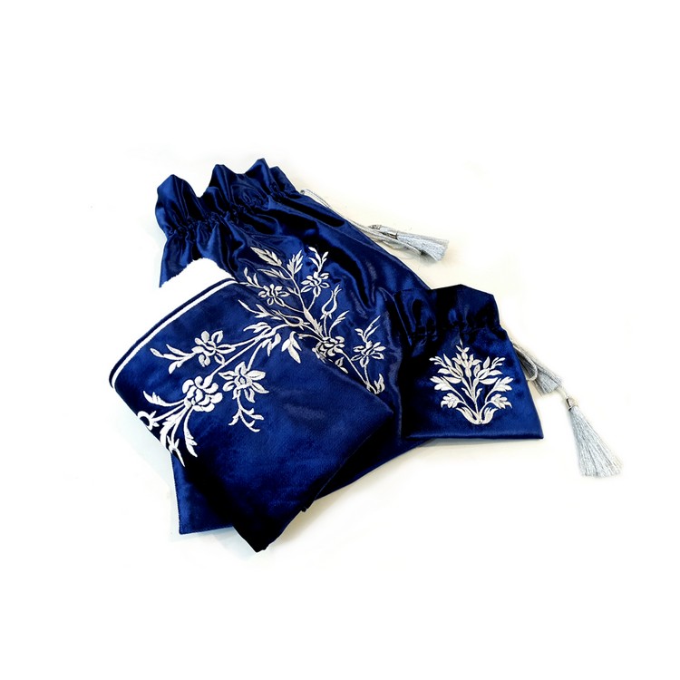 LACİVERT KADIFE KERVAN DESEN BOHCA SETI